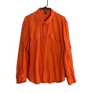 Lauren Ralph Lauren Women's Orange 100% Linen Button Up Long Sleeve Shirt 3X